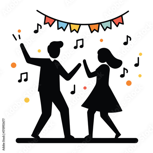 Simple flat vector icon of a couple enjoying music and dancing at a festive event or celebration