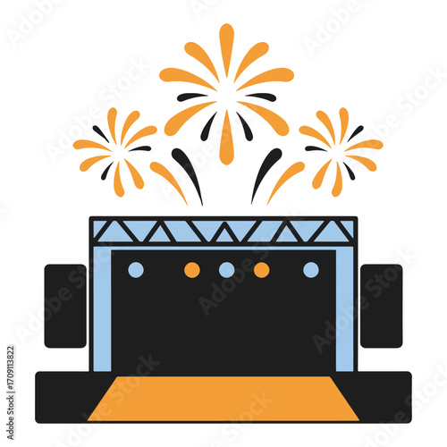 A vector icon of a concert stage with fireworks, symbolizing a music festival celebration or live performance event