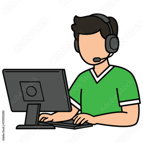 Vector illustration of a cartoon character, a young man with a headset, using a desktop computer for gaming, streaming, or customer support