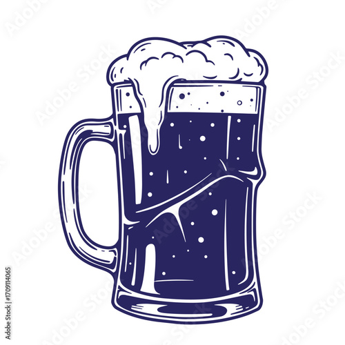 Dark beer overflowing a large glass with frothy foam in a vintage style illustration