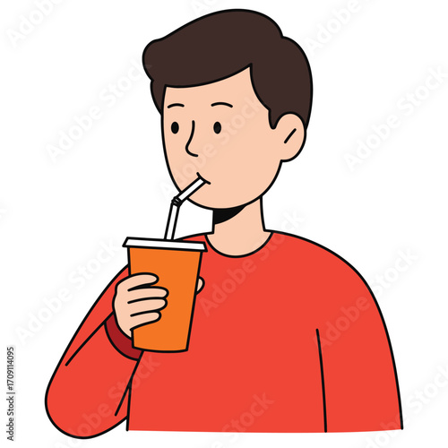A young man in a red sweater enjoys a refreshing beverage, drinking from an orange cup with a straw. This is a simple, modern vector character illustration isolated on a white background