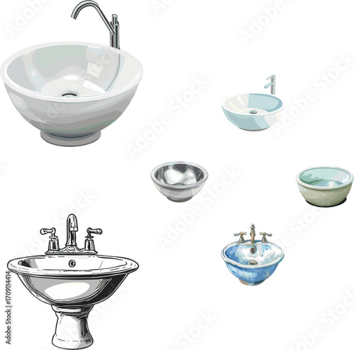 set of basin isolated on white background, kitchen appliances set in color style and no background
