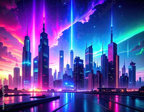 Futuristic Cityscape at Night Neon Lights Glowing Prisms