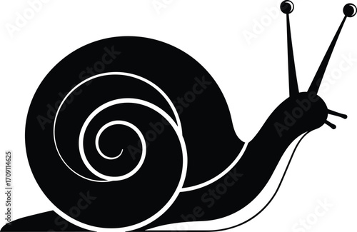 Black silhouette snail illustration, spiral shell, simple design, animal graphic, nature symbol, vector artwork, isolated, minimal style drawing, icon