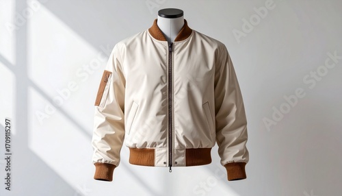 Wallpaper Mural Cream-colored bomber jacket displayed on a mannequin against a white background, with shadow Torontodigital.ca