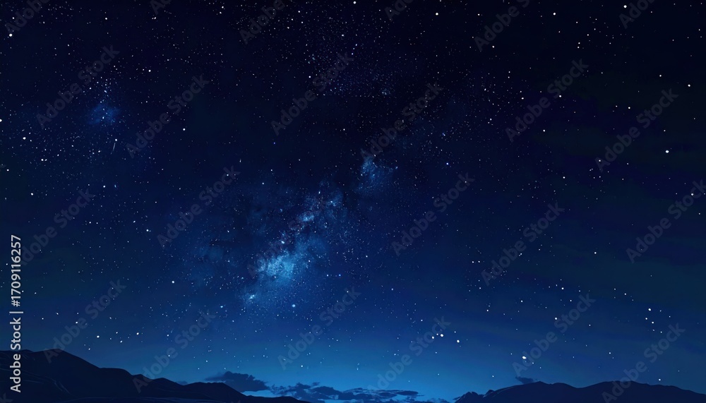 Obraz premium A serene night sky filled with stars, nebulous clouds, and a dark silhouette of land. Ethereal light glows across the expansive cosmos