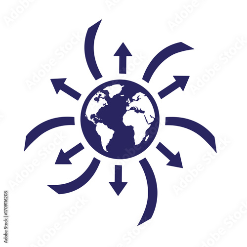 Global outreach concept featuring earth globe surrounded by arrows illustrating connection and growth