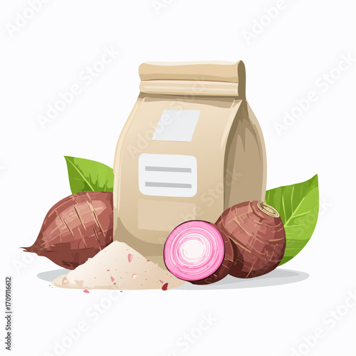 Taro flour bag with fresh taro root, a gluten-free alternative for baking and cooking projects