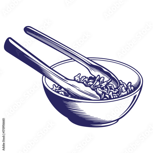 Hand drawn illustration of a bowl filled with food and crossed serving tongs in a vintage style