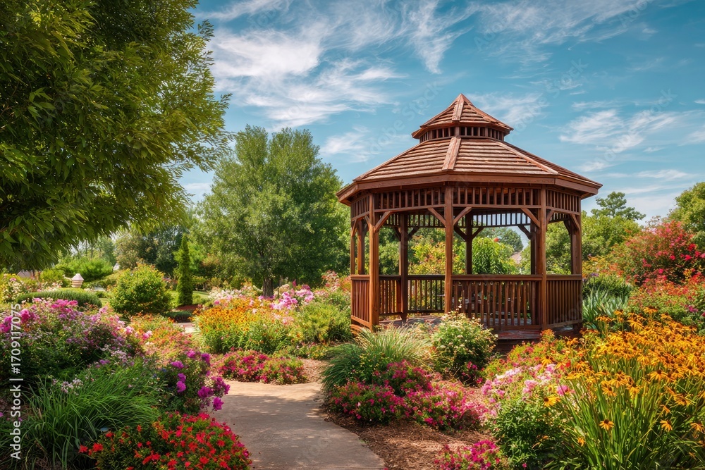 Fototapeta premium Gazebo nestled in a garden with a stone path and colorful flowers under a blue sky with wispy clouds