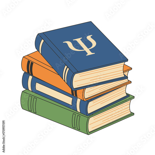 An illustration of a stack of four books, with the top blue book featuring a prominent Greek letter Psi symbol, suggesting psychology or mental health studies.