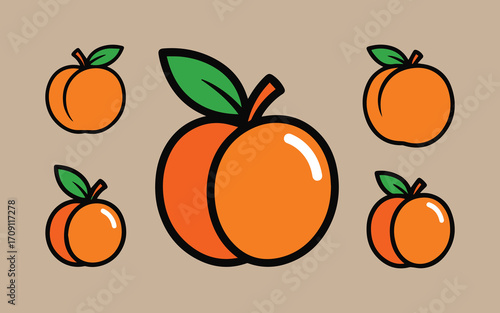Set of five cartoon apricots with green leaves on a tan background