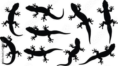 Black Gecko Silhouettes Set, Reptile Lizard Icons, Transparent Background, Vector Animal Illustration, Wildlife Clipart for Design and Decoration
