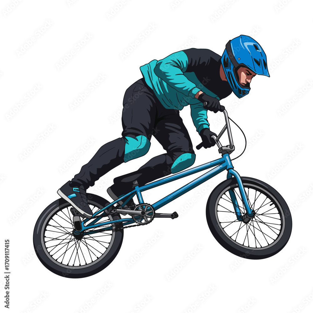 Naklejka premium BMX Rider in MidAir Dynamic Pose Teal and Black Gear Blue Bike.