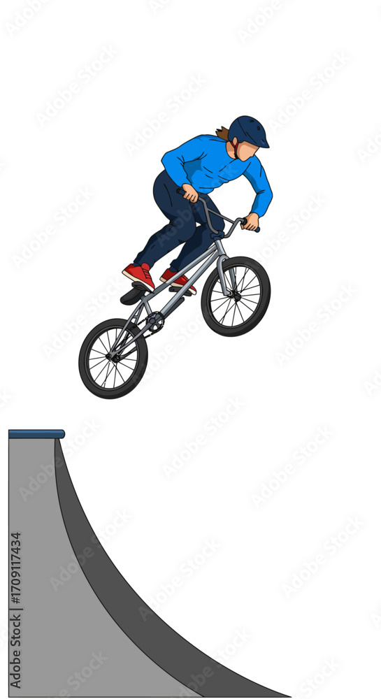 Naklejka premium BMX Rider MidAir Blue Shirt Helmet Red Shoes Silver Bike.