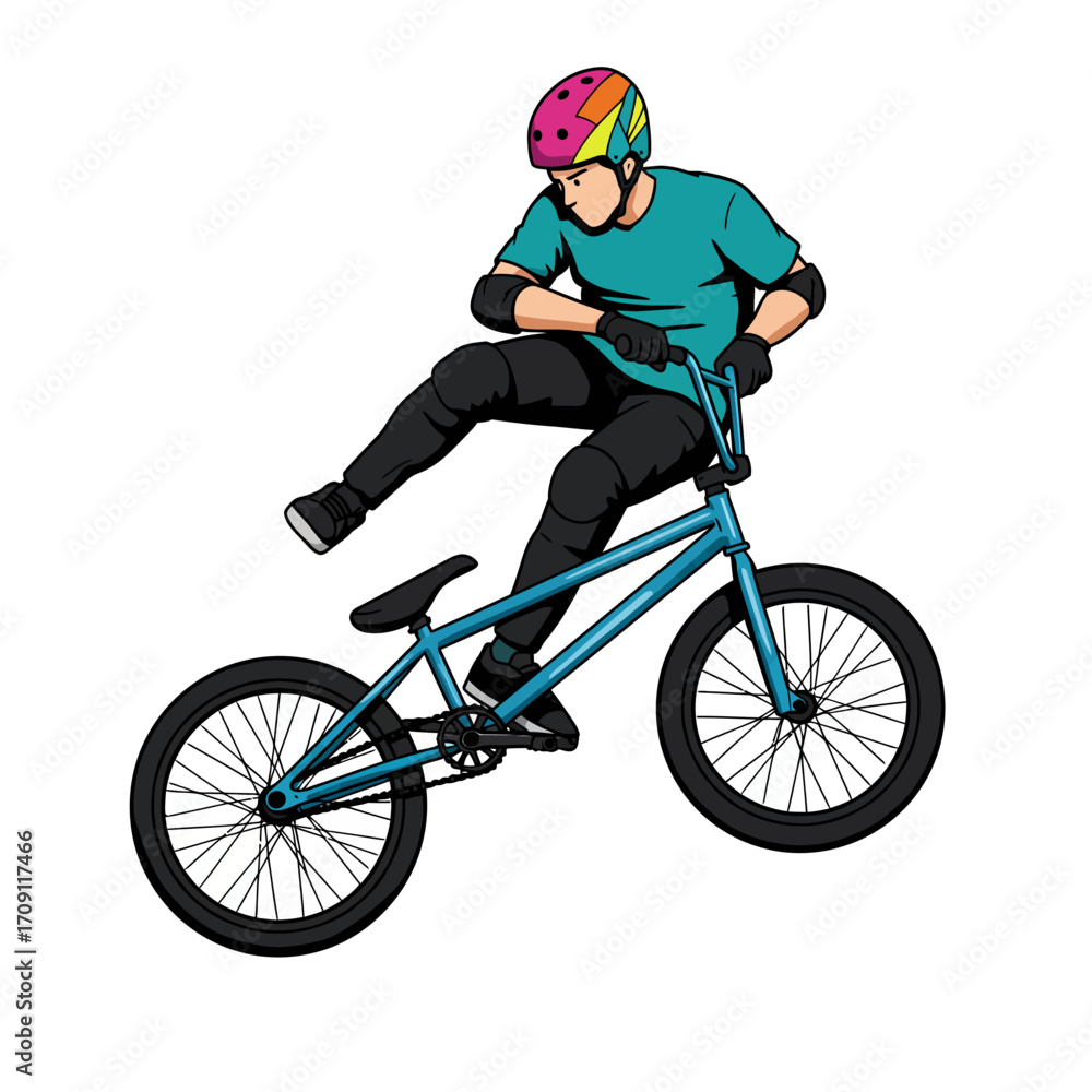 Naklejka premium BMX Rider Performing a Trick Teal Bike Protective Gear Dynamic Pose.