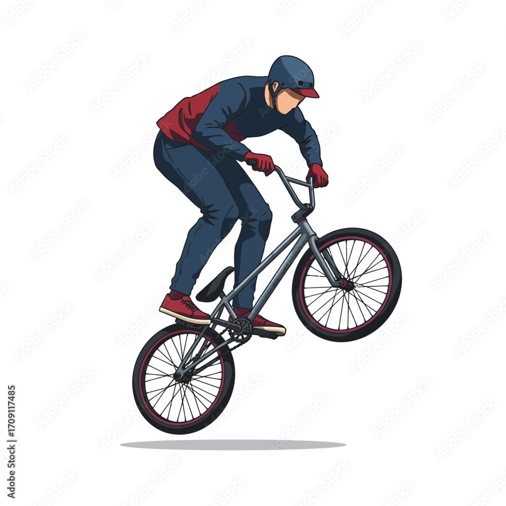 Fototapeta premium BMX Rider Performing a Wheelie with Red Accents and Protective Gear.
