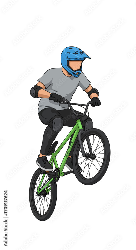 Naklejka premium Youth BMX Rider in MidAir Stunt Green Bike Protective Gear.
