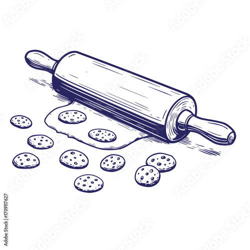 Hand drawn illustration of a rolling pin with cookie dough and freshly baked cookies