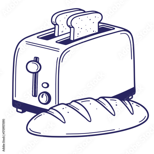Hand drawn illustration of a toaster with bread slices and a loaf of bread vector
