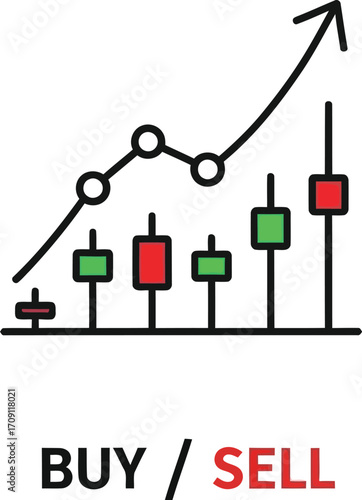 Illustration of a stock market chart with an upward trend line and buy sell indication below it