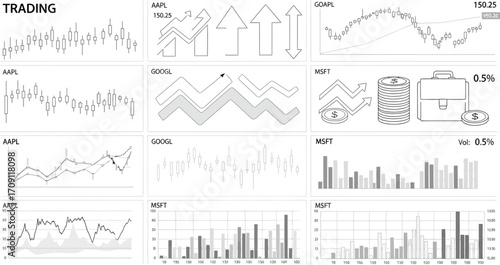 Trading charts and graphs representing stock market performance for apple google and microsoft