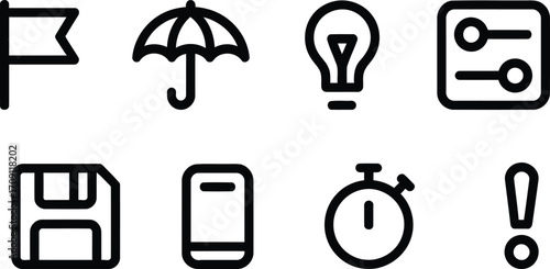 Diverse Iconography Displayed a Flag, Umbrella, a Light Bulb, and a Pair of Switches With a Floppy Disk Mobile Phone, Stopwatch, and Exclamation Mark