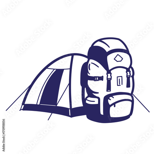 Illustrated backpack and tent depicting outdoor adventures and camping exploration