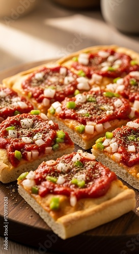 A close-up view of a rectangular pizza with a generous spread of tomato sauce, onions, and green peppers, arranged on a wooden board.