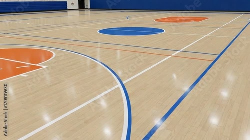 An Interior view of a multi-purpose gymnasium hall, showcasing a polished hardwood basketball court for sports activities and recreational fitness for students and athletes