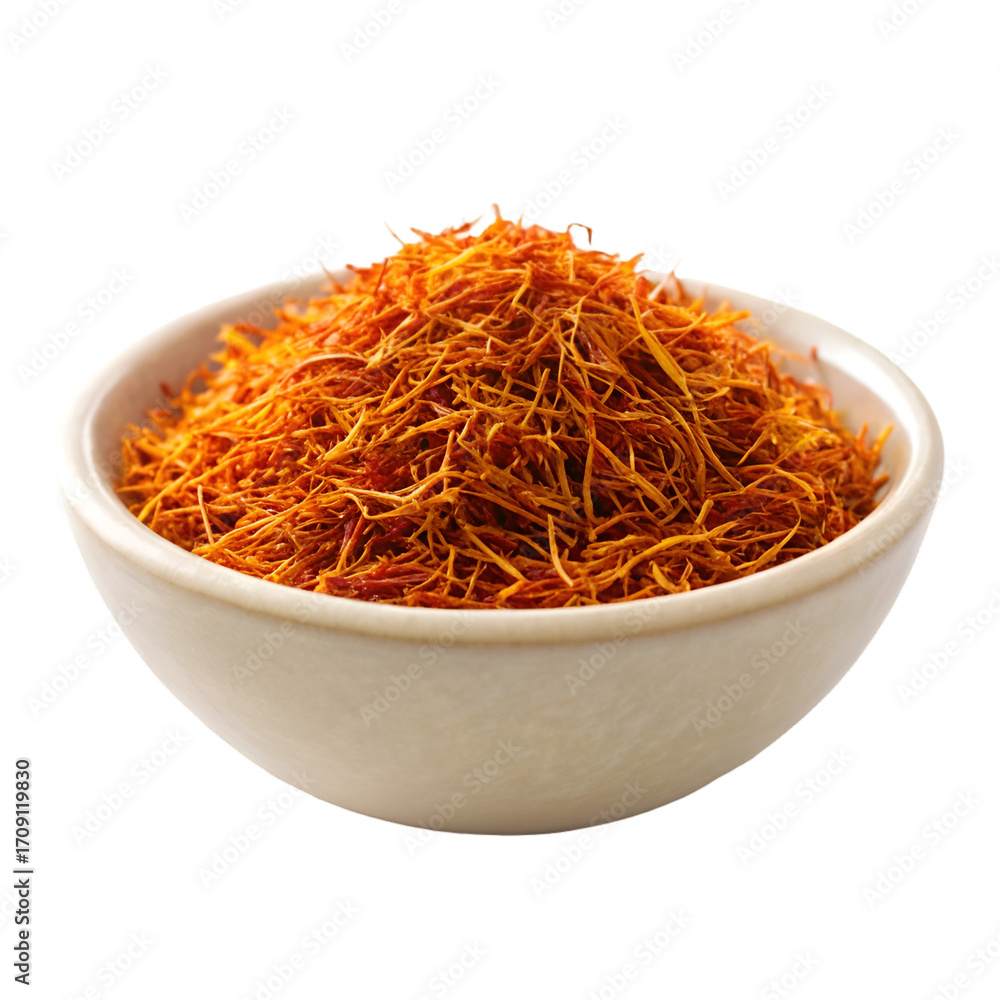 Fototapeta premium White ceramic bowl filled with dried saffron threads on white background spice herb