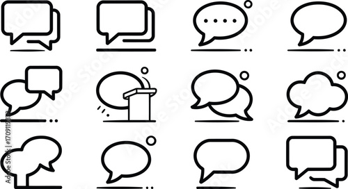 Illustration of Communication and Public Speaking Icons Featuring Speech Bubbles and a Podium Symbolizing Dialogue Sharing Ideas and Presentation Skills