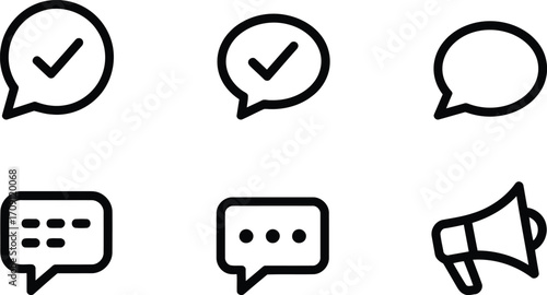 Collection of Communication Icons Featuring Speech Bubbles and a Megaphone in a Clean and Modern Minimalist Style Depicted in Black and White