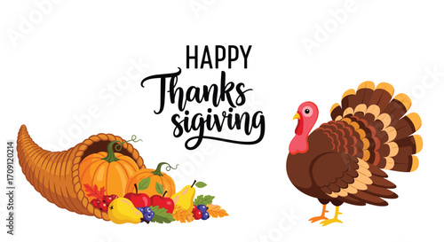 Happy thanksgiving with turkey and cornucopia of fall harvest vegetables and fruits.