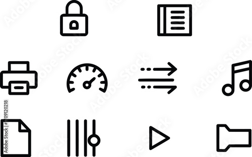 Assorted Black and White Icons Representing Various Computer Functions and Operations Such as Security Printing Data Transfer and Multimedia Actions