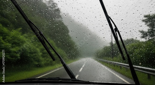 A view from the driver's seat of a car, with windshield wipers clearing away heavy rain on a rural road surrounded by green trees.