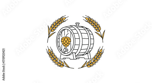 An illustration of a wooden barrel adorned with hops and surrounded by wheat stalks.
