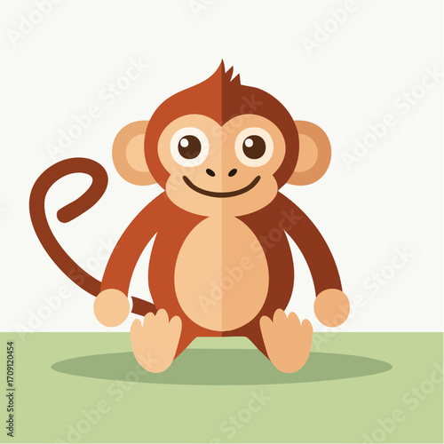 A cartoon monkey sitting on a green grassy surface with a friendly facial expression viewed from the front