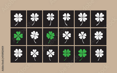 Pattern of white and green four leaf clovers on black background