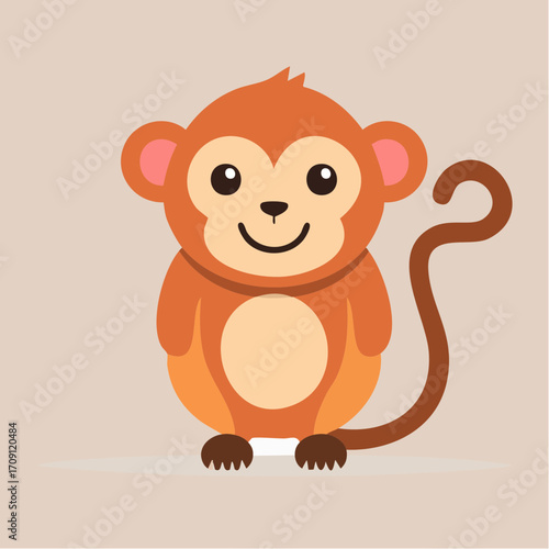 A cartoon monkey standing on a surface viewed from the front with a happy expression