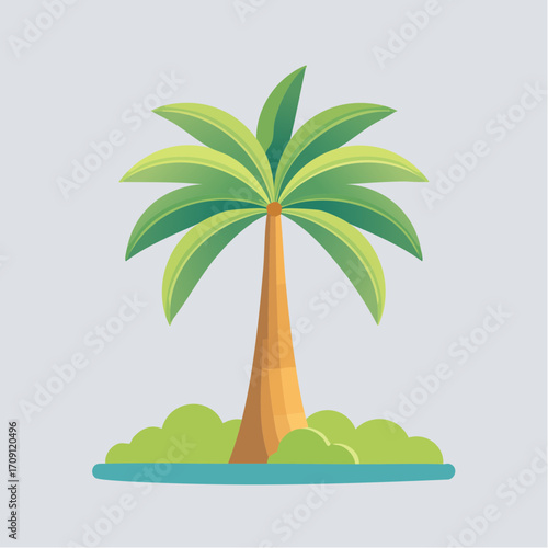 A serene illustration of a palm tree standing alone on a small island, viewed from a slight angle, Firefly panda 362608.svg as reference