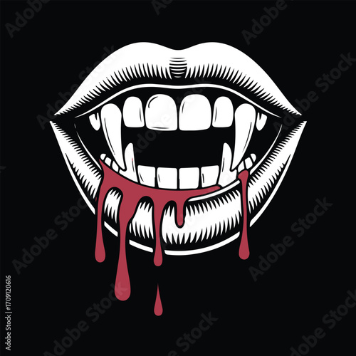 Vampire Lips with Sharp Fangs and Dripping Blood, Horror Halloween Concept