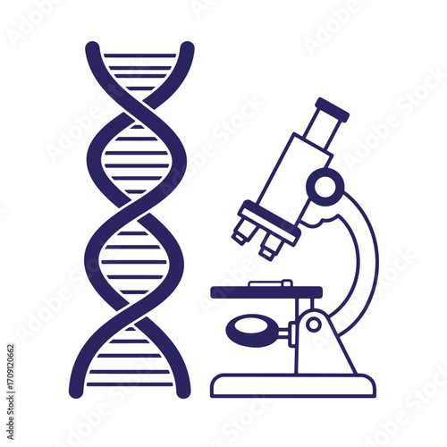Illustration of a dna helix and a microscope representing scientific research and biotechnology.