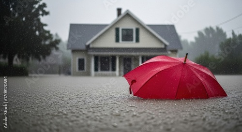 A red umbrella lies forgotten in a flooded area in front of a house during a storm. A concept for loss, disaster, and home insurance.