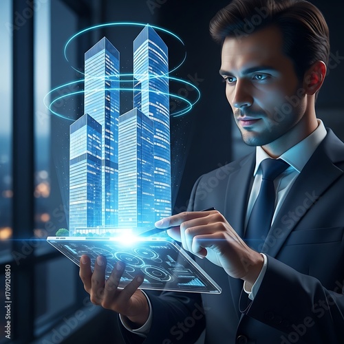A businessman interacts with a digital architectural rendering of skyscrapers on a tablet, showcasing futuristic urban design and planning.