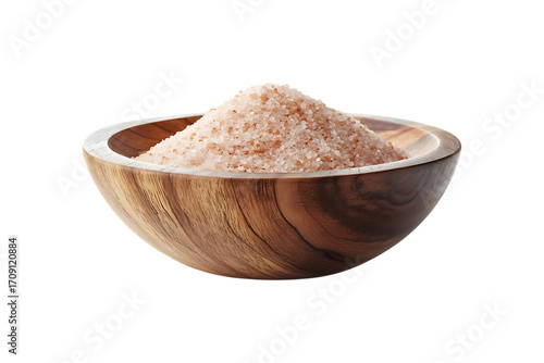 Himalayan pink salt crystals in wooden bowl on transparent background