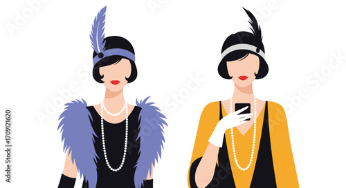 Two elegant women in vintage flapper dresses from the 1920s era.