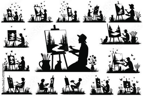 Artists Painting Nature Scenes With Butterflies And Cats