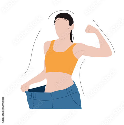 Slimming woman wearing big pants. a woman showing her loose jeans after losing weight