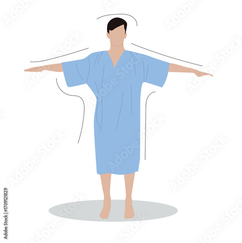 patient wearing surgical gown. A man wearing an inspection suit and inspecting